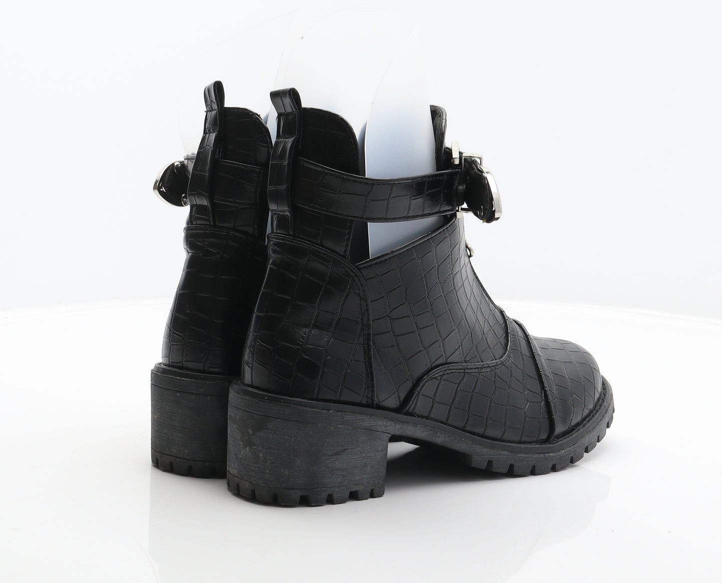 Preworn Womens Black Synthetic Biker Boot UK 5 38 - Croc Texture