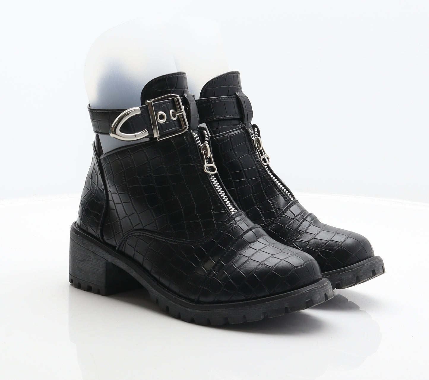 Preworn Womens Black Synthetic Biker Boot UK 5 38 - Croc Texture