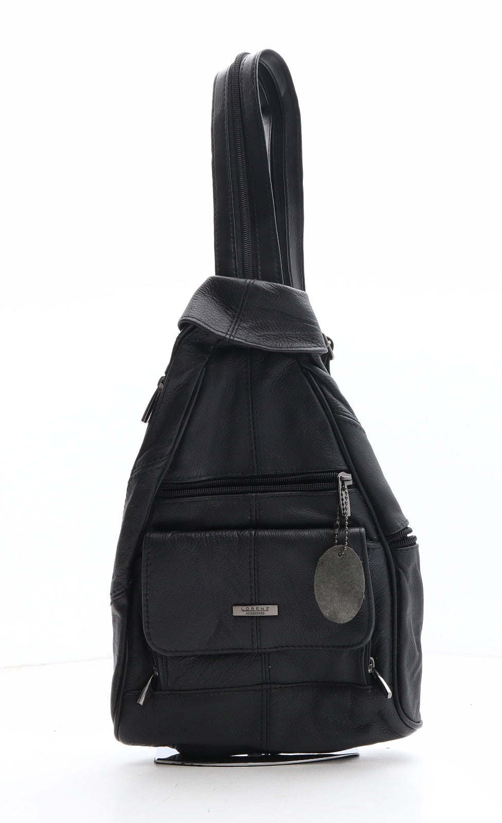 Lorenz Womens Black Newsprint Leather Backpack Size Medium
