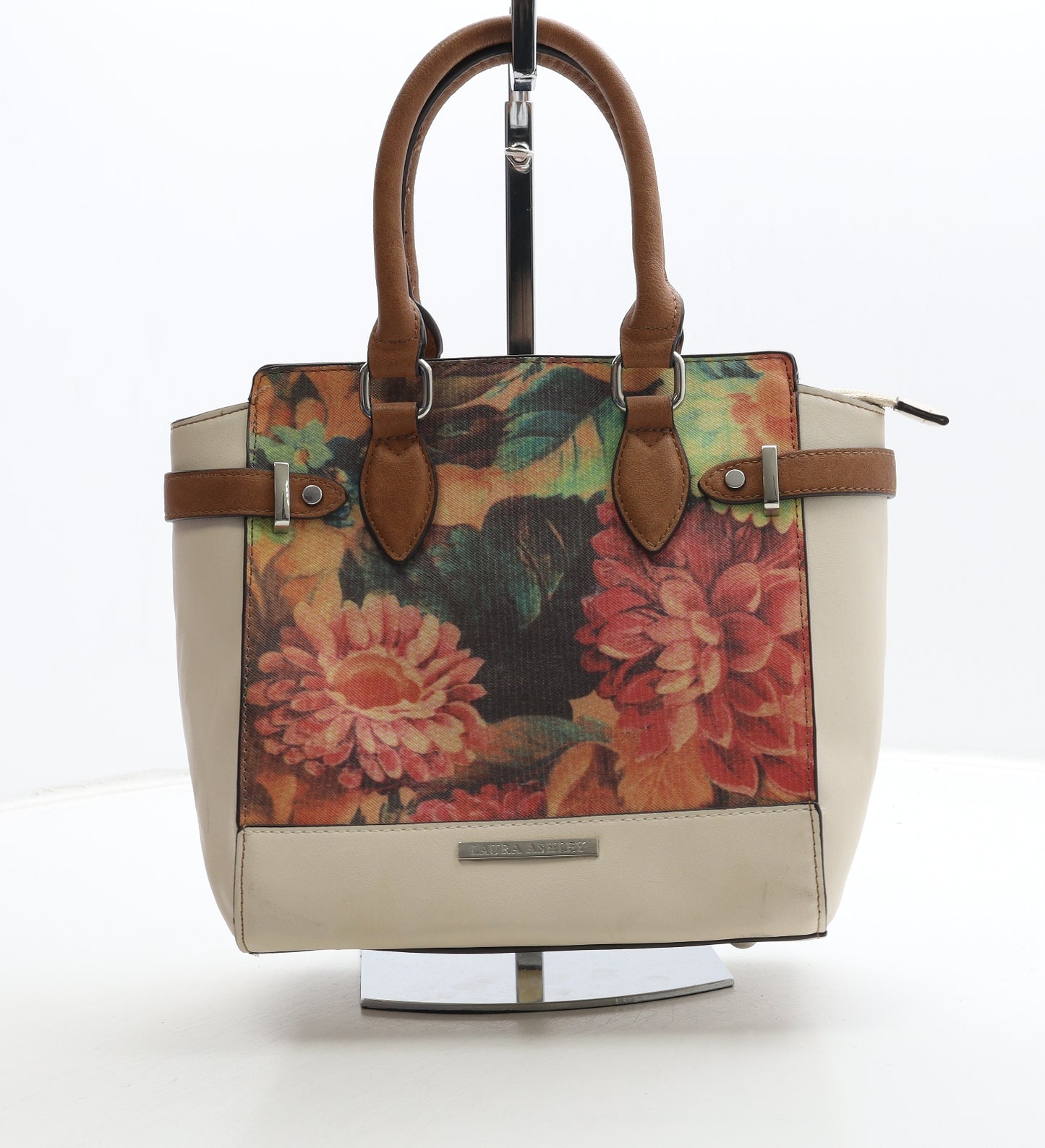 Laura Ashley Womens Beige Floral Polyurethane Top Handle Bag Size Medium