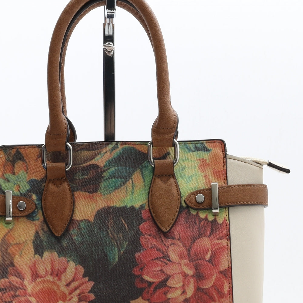 Laura Ashley Womens Beige Floral Polyurethane Top Handle Bag Size Medium