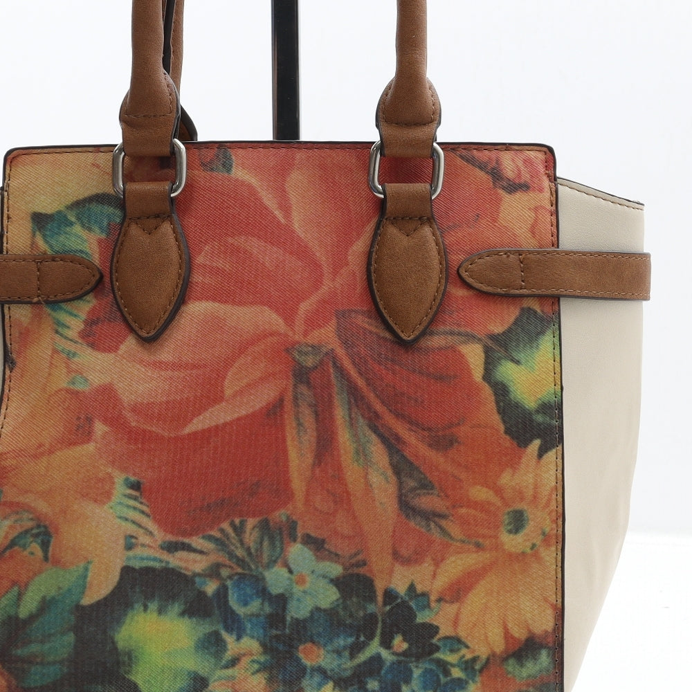Laura Ashley Womens Beige Floral Polyurethane Top Handle Bag Size Medium