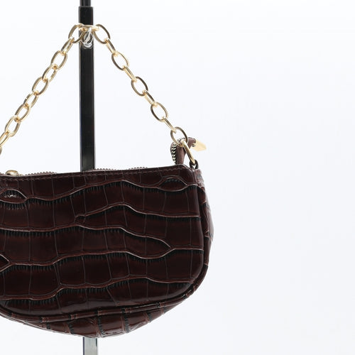 Preworn Womens Brown Polyurethane Top Handle Bag Size Small - Croc Texture