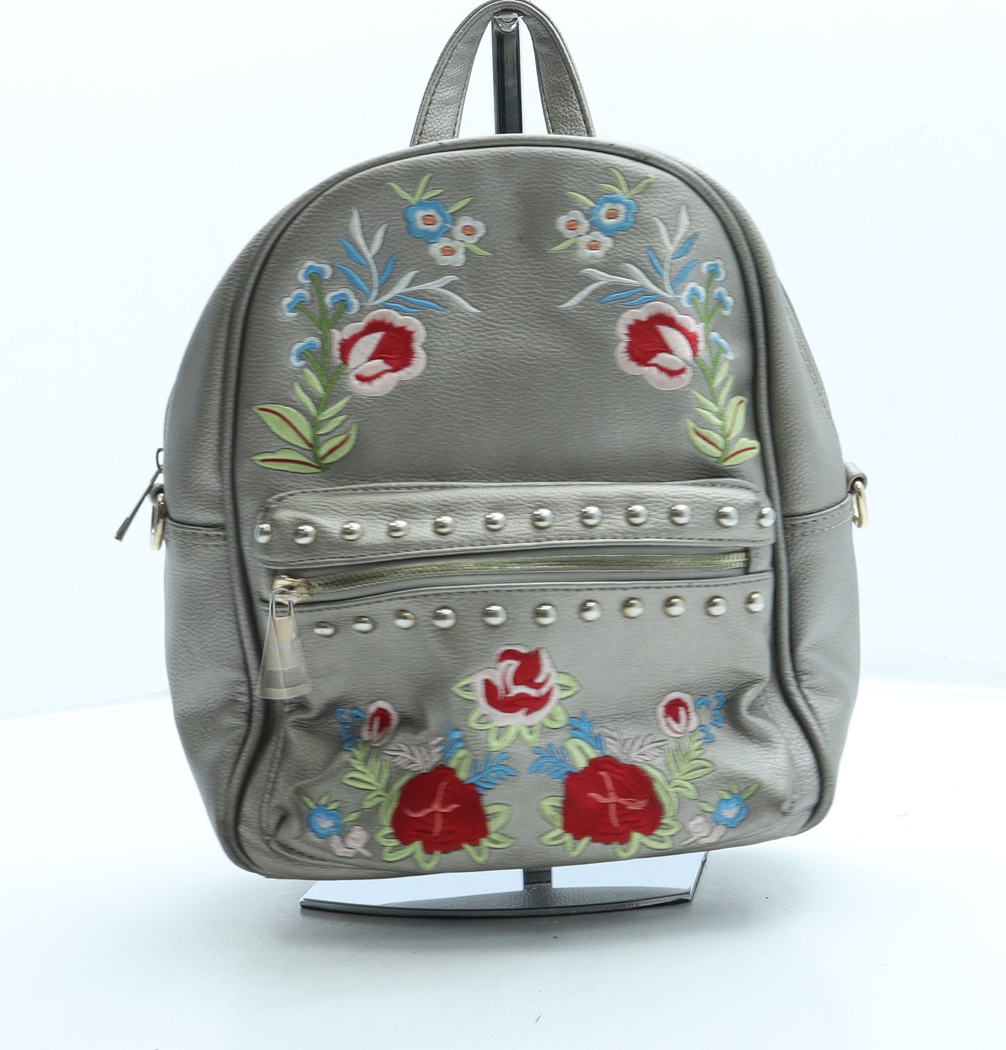 Preworn Womens Gold Floral Leather Backpack Size Small