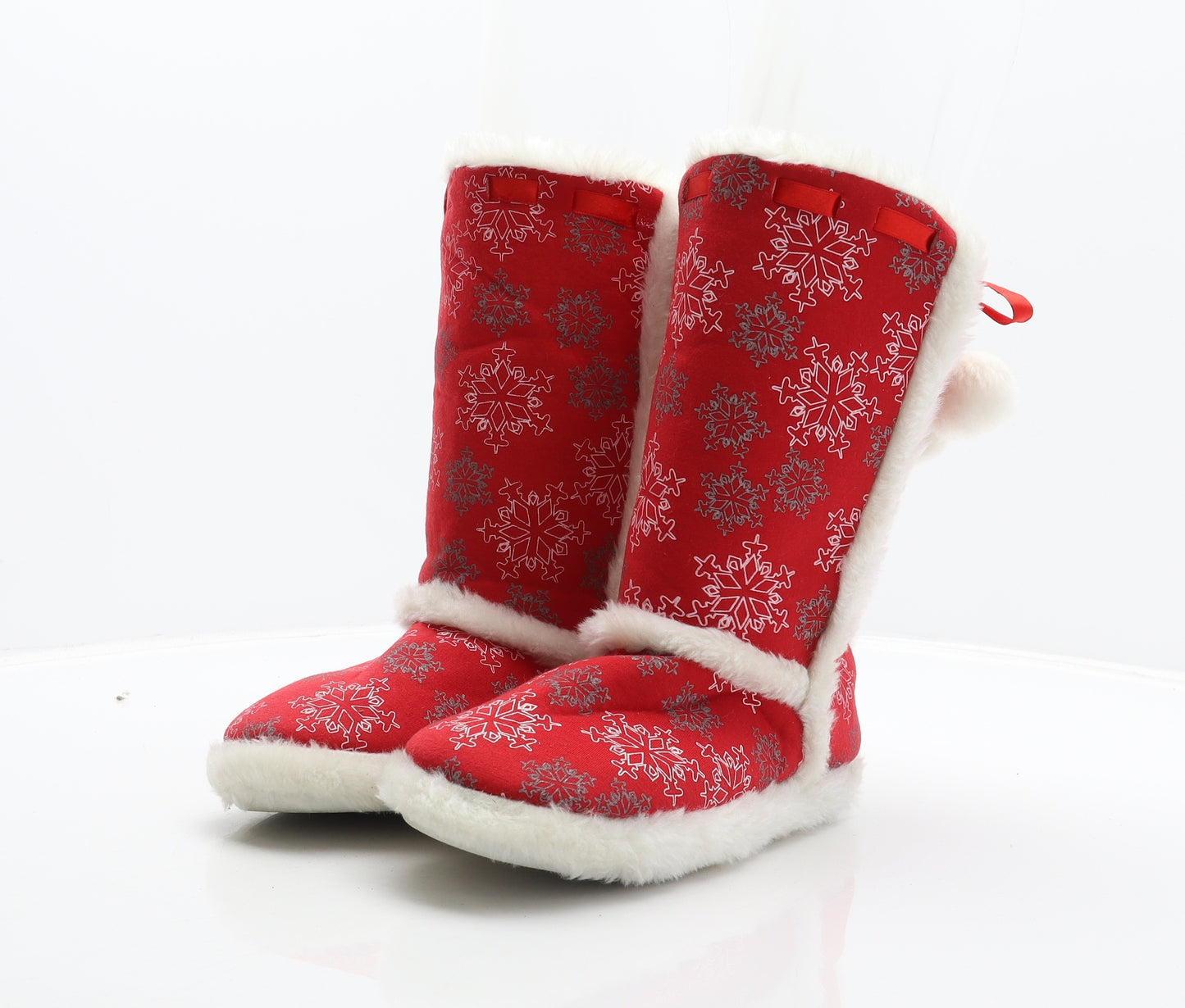 Dunnes Womens Red Geometric Polyester Shearling Style Slipper UK - Snowflake pattern, pom poms