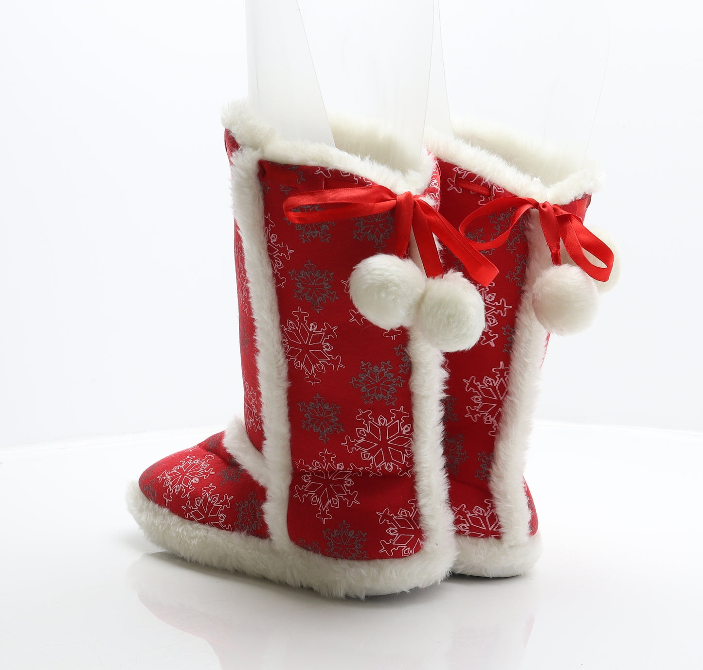 Dunnes Womens Red Geometric Polyester Shearling Style Slipper UK - Snowflake pattern, pom poms