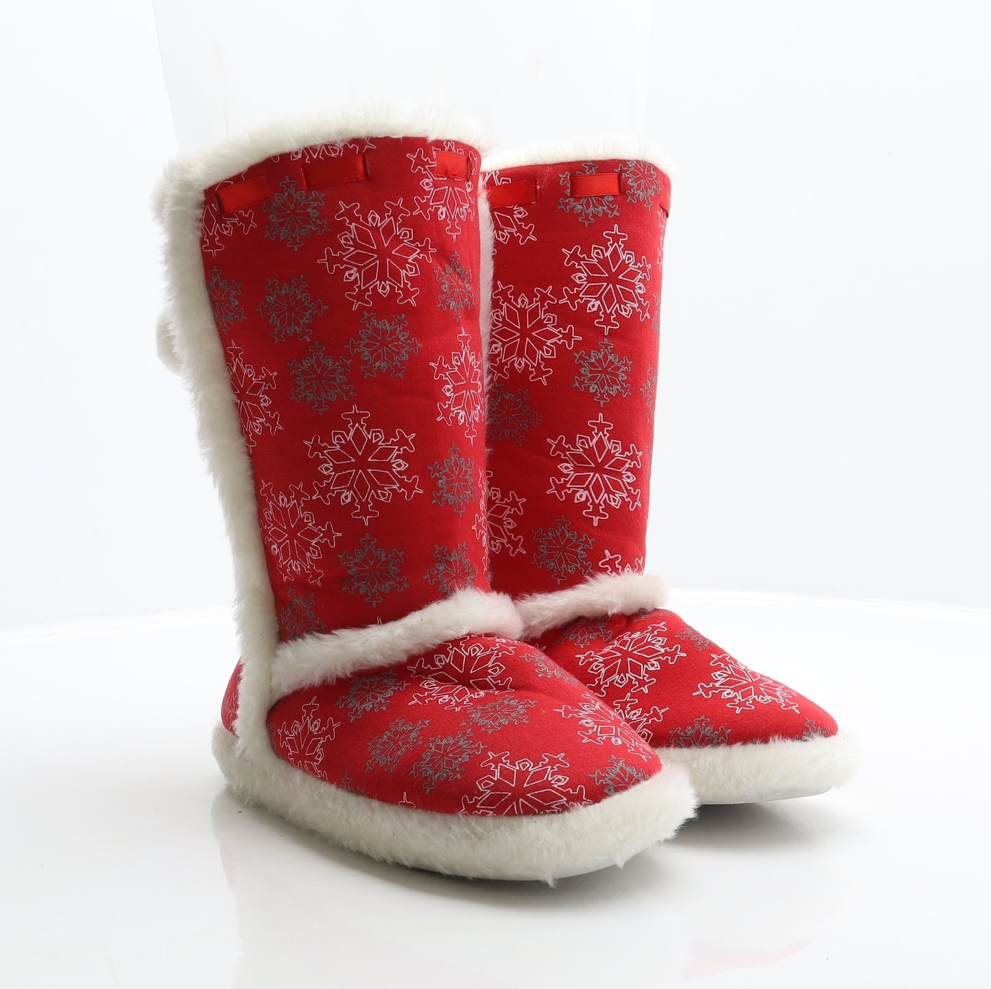 Dunnes Womens Red Geometric Polyester Shearling Style Slipper UK - Snowflake pattern, pom poms