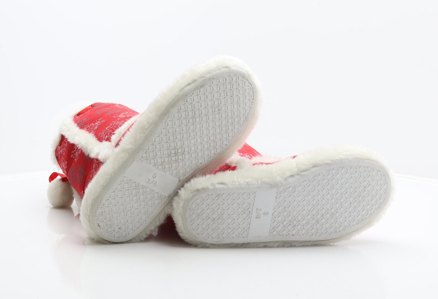Dunnes Womens Red Geometric Polyester Shearling Style Slipper UK - Snowflake pattern, pom poms