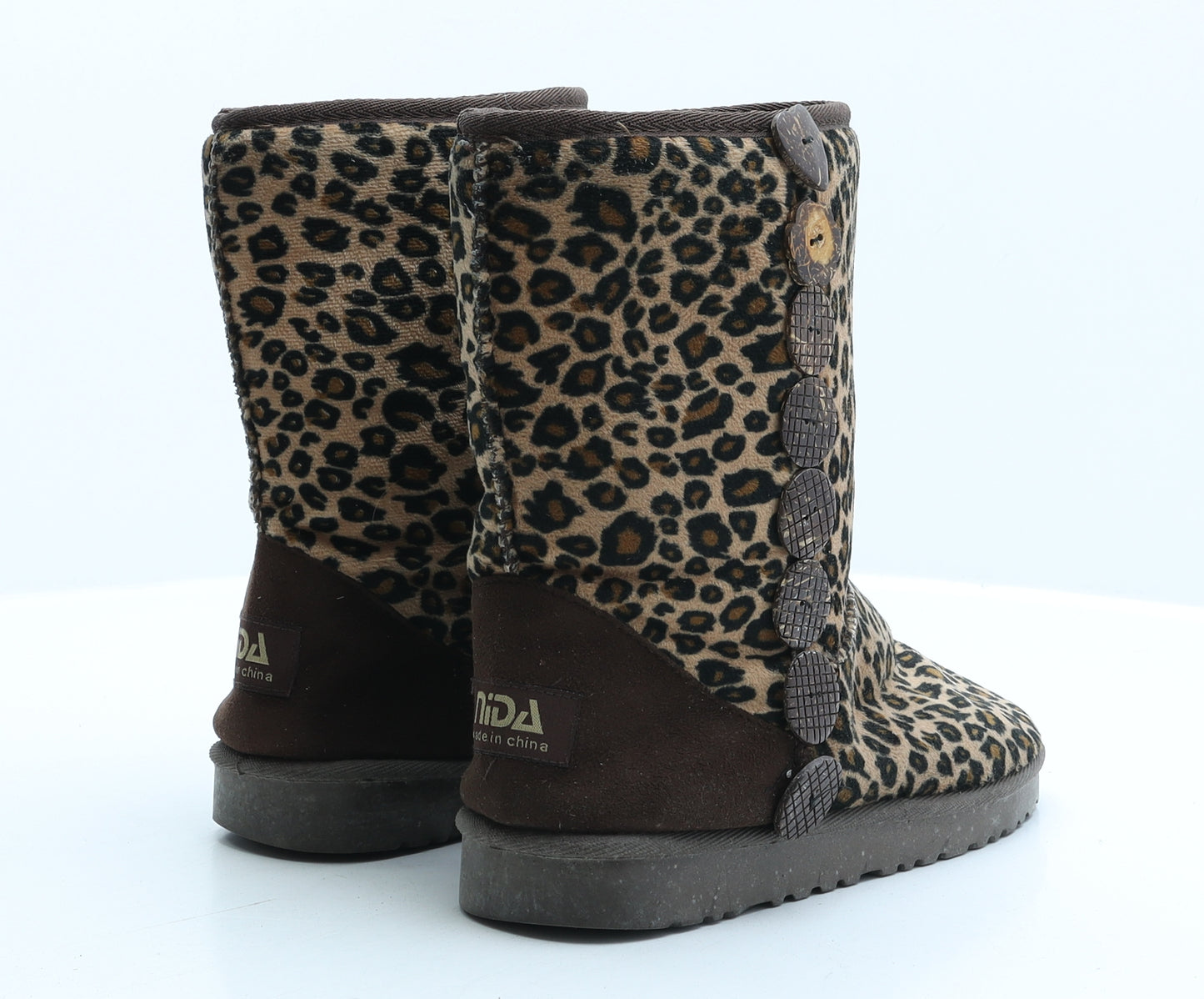 Nida Womens Beige Animal Print Synthetic Shearling Style Boot UK 4 37 - Leopard print