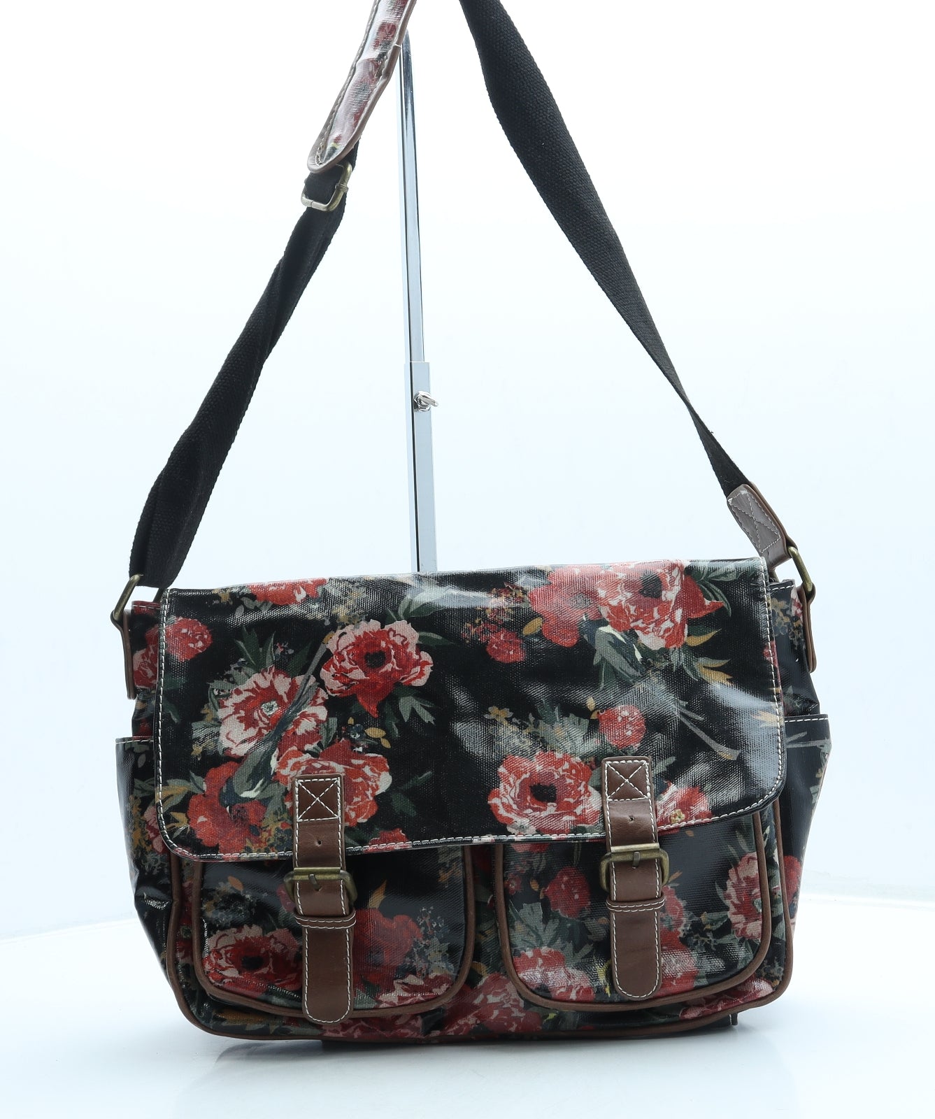 LYDC Womens Black Floral Leather Satchel/Top Handle Bag Size Medium