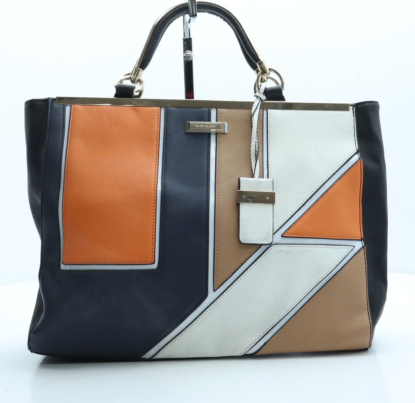 River Island Womens Blue Geometric Leather Top Handle Bag Size Large
