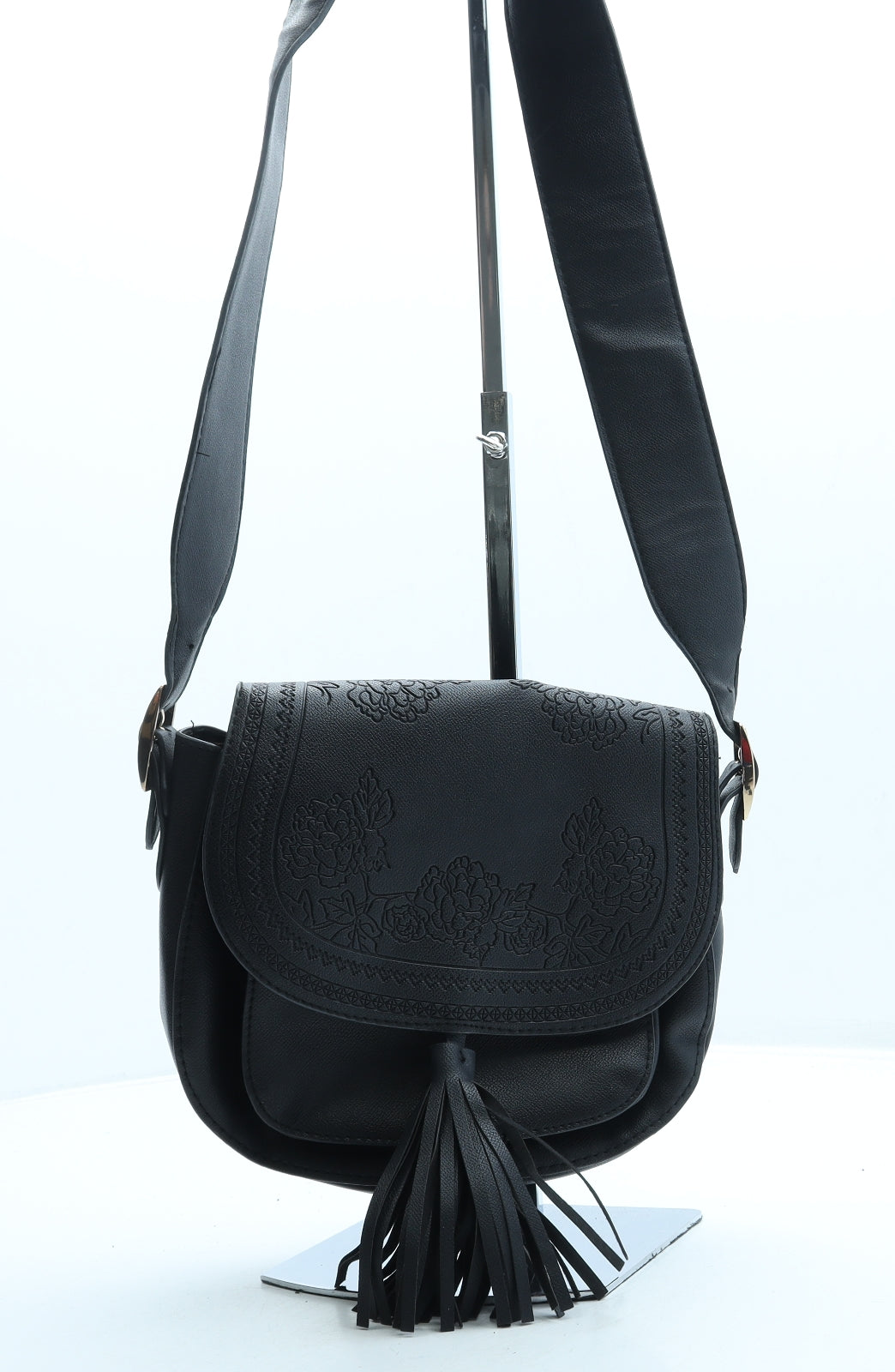 Primark Womens Black Floral Leather Saddle Bag Size Small