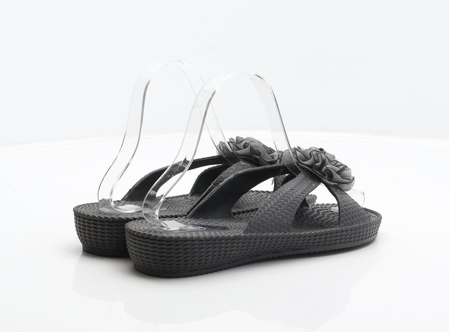 Preworn Womens Black Synthetic Slider Sandal UK 5 38 - Flower detail