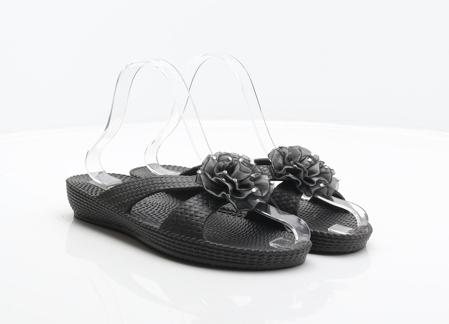 Preworn Womens Black Synthetic Slider Sandal UK 5 38 - Flower detail