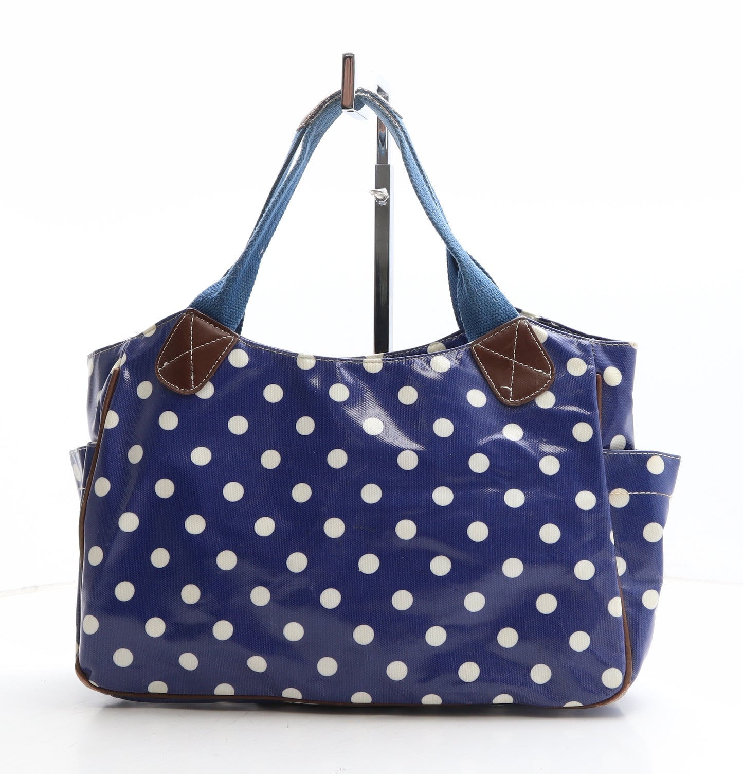 Miss Lulu Womens Blue Polka Dot Polyethylene Top Handle Bag Size Medium