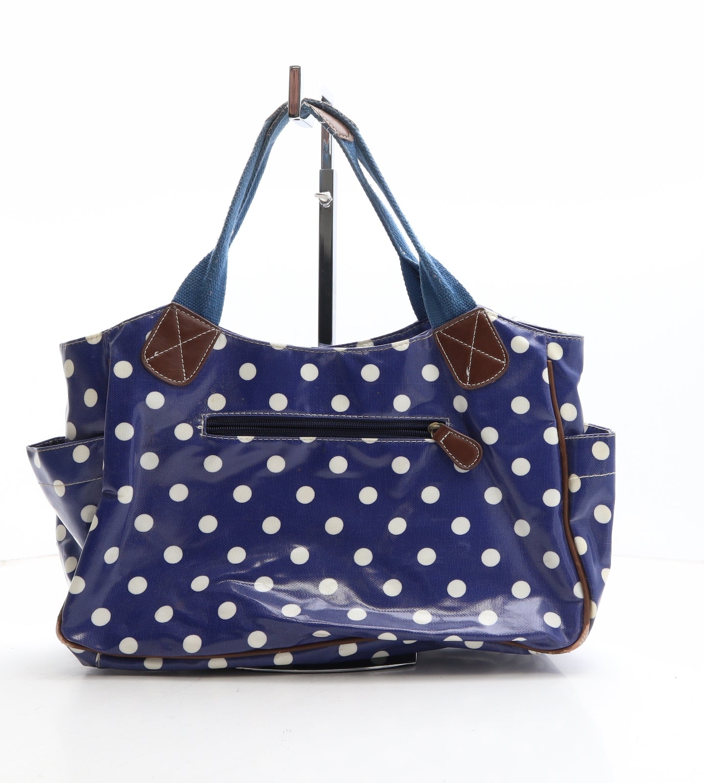 Miss Lulu Womens Blue Polka Dot Polyethylene Top Handle Bag Size Medium