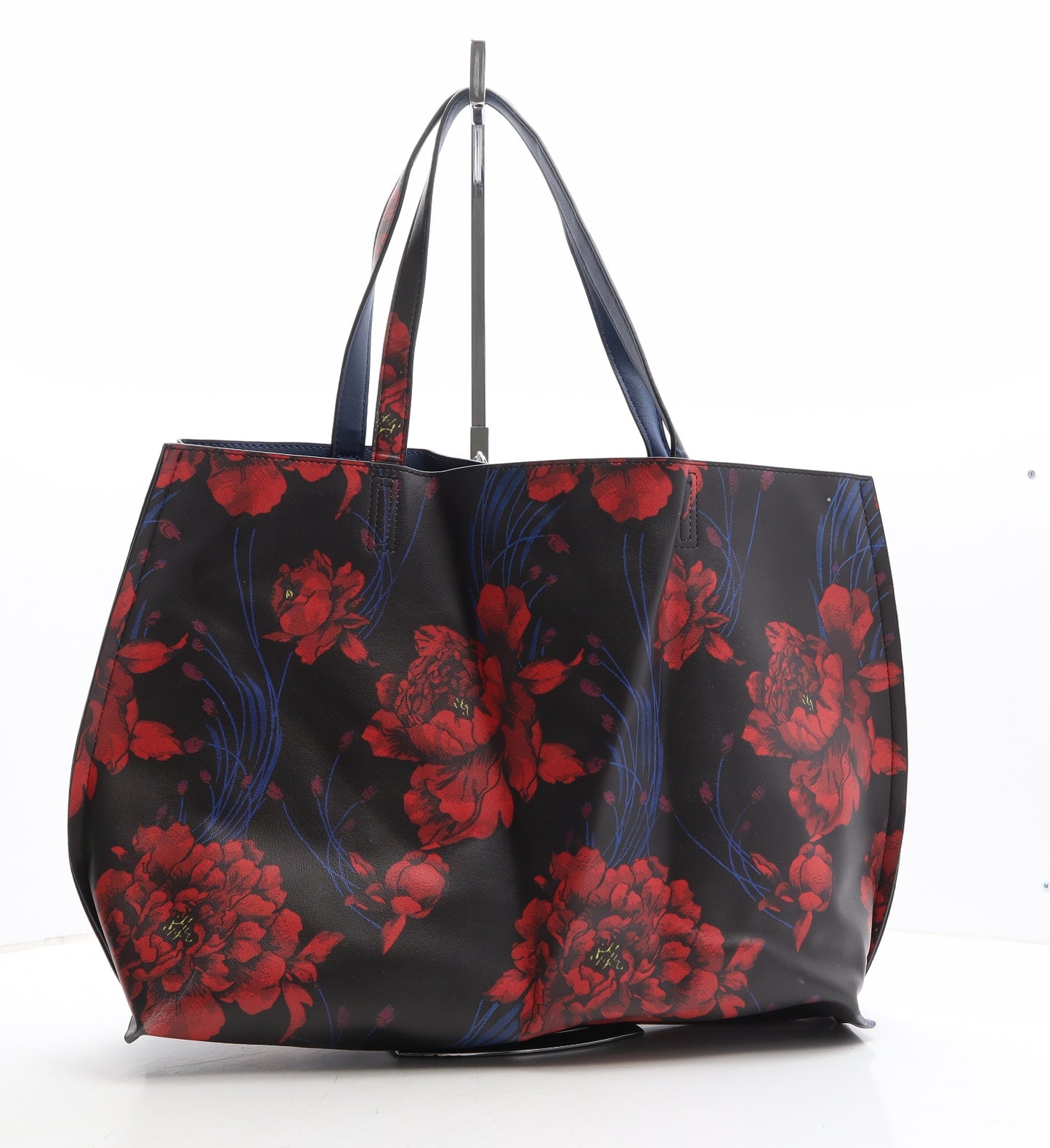 Preworn Womens Black Floral Polyethylene Shoulder Bag Size Extra Large