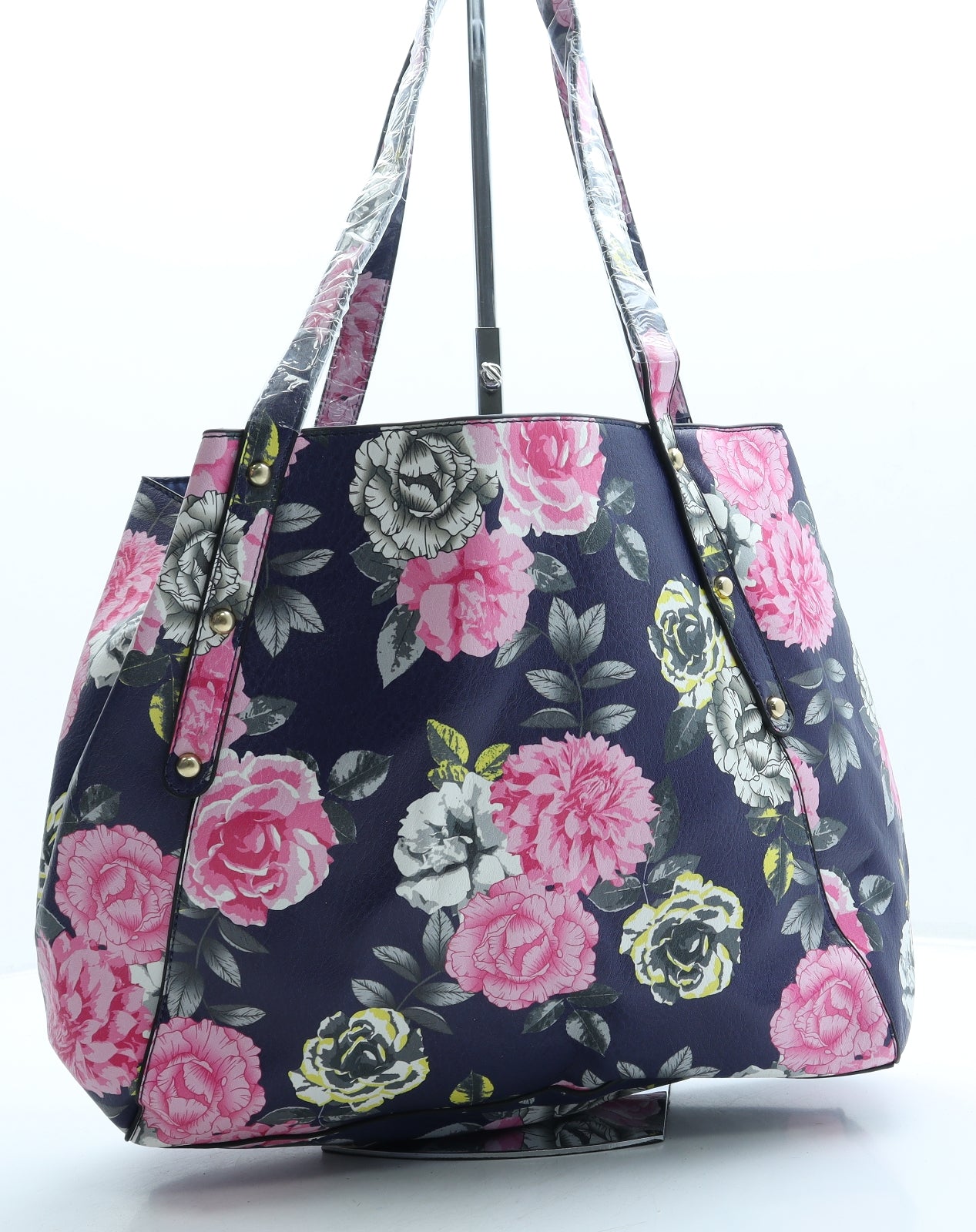 Preworn Womens Blue Floral Leather Shoulder Bag Size Large