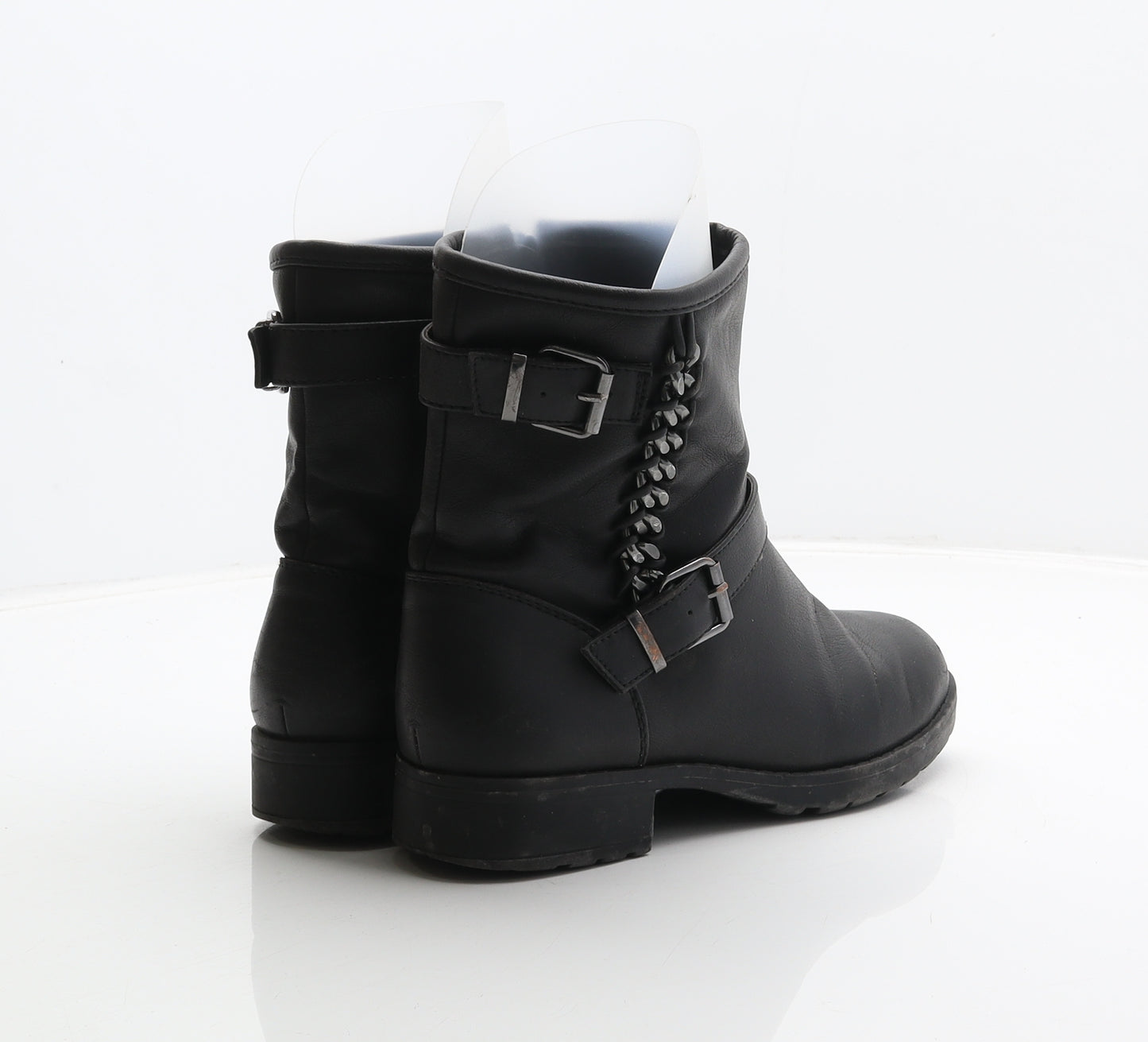 Fiore Womens Black Synthetic Biker Boot UK 4 37 - Chain detail