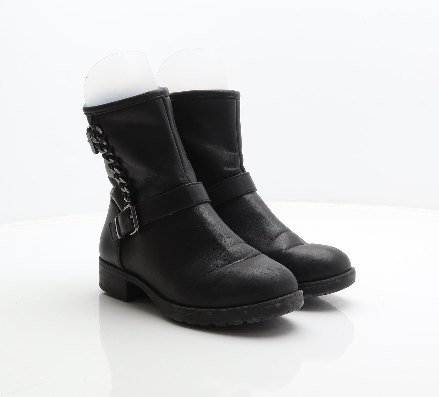 Fiore Womens Black Synthetic Biker Boot UK 4 37 - Chain detail