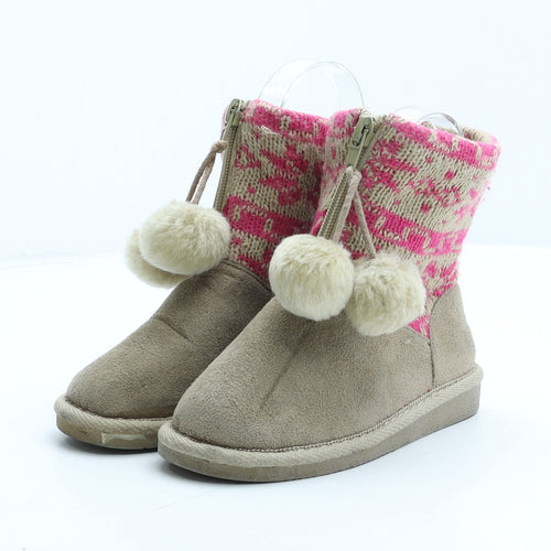 Preworn Girls Beige Fair Isle Synthetic Shearling Style Boot UK 9 27 - Pom-Pom