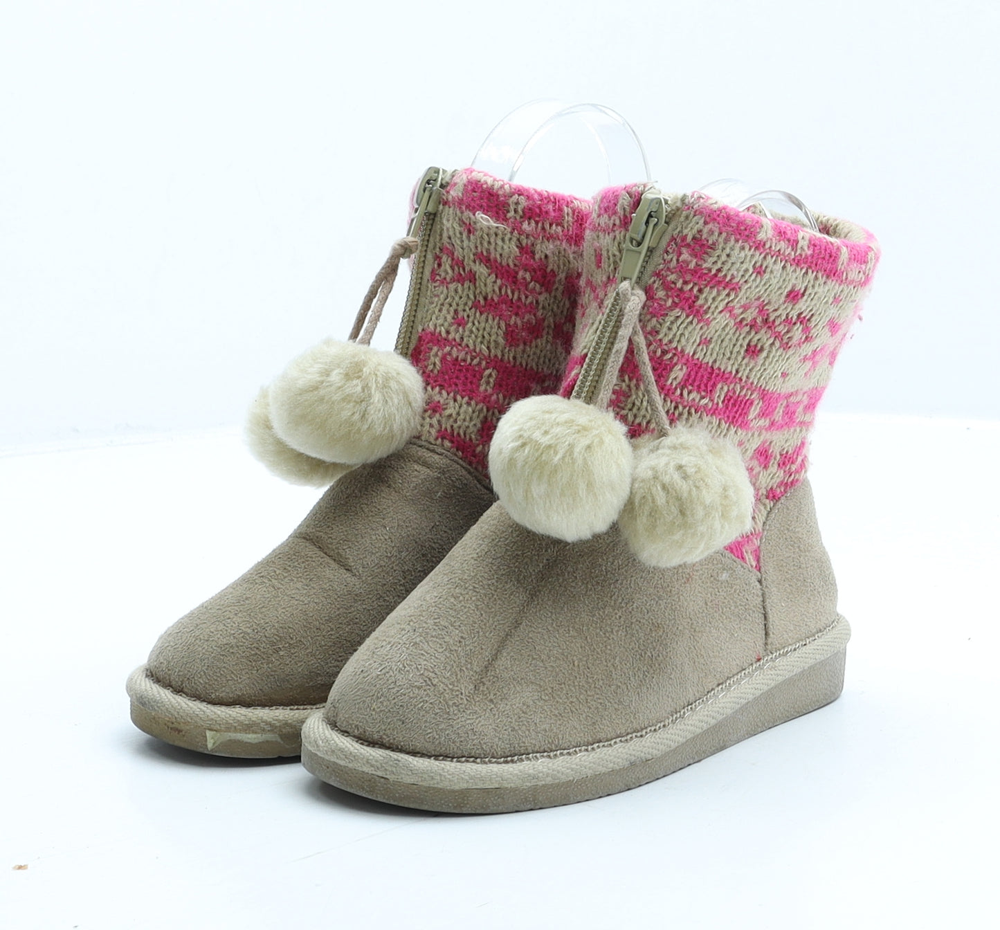 Preworn Girls Beige Fair Isle Synthetic Shearling Style Boot UK 9 27 - Pom-Pom