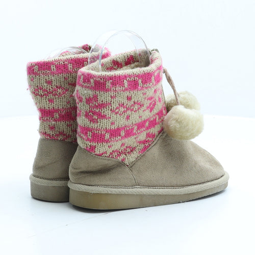 Preworn Girls Beige Fair Isle Synthetic Shearling Style Boot UK 9 27 - Pom-Pom