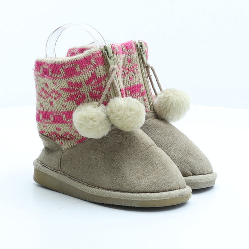 Preworn Girls Beige Fair Isle Synthetic Shearling Style Boot UK 9 27 - Pom-Pom