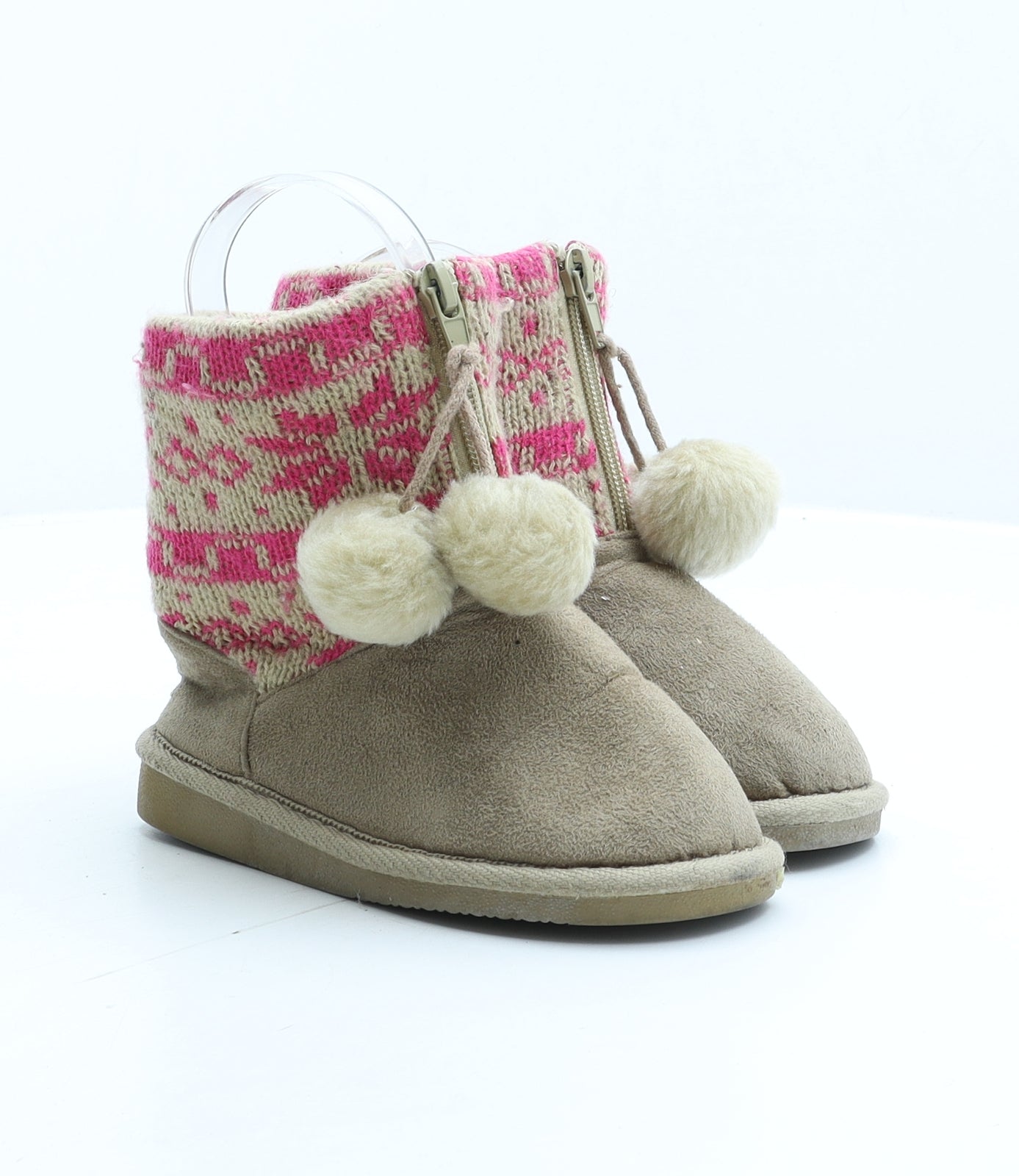 Preworn Girls Beige Fair Isle Synthetic Shearling Style Boot UK 9 27 - Pom-Pom