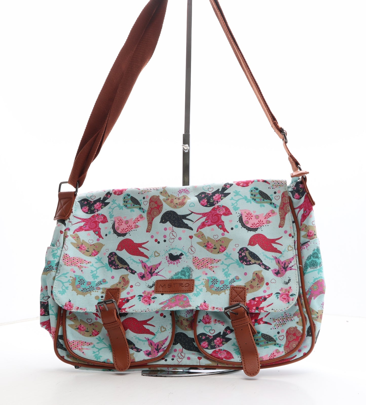 Metro Womens Blue Geometric Cotton Messenger Bag Size Large