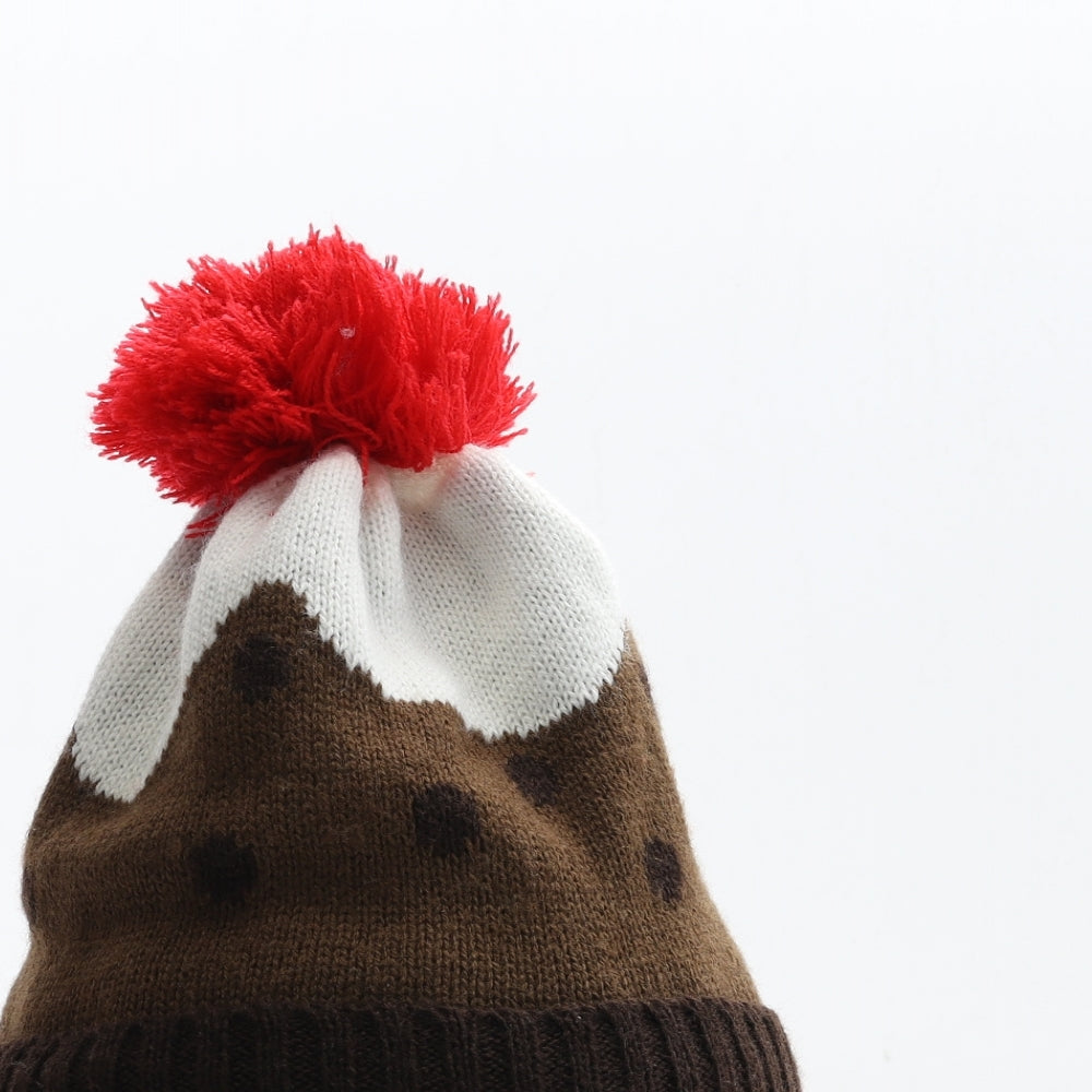 Jingle Bells Boys Brown Acrylic Bobble Hat One Size - Christmas Pudding