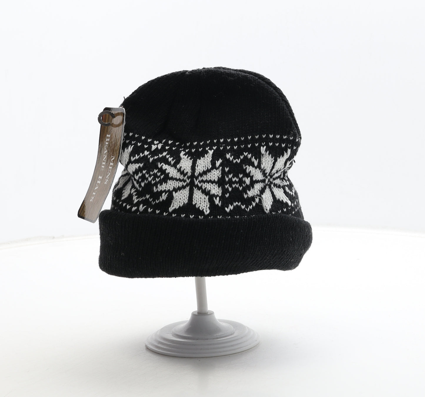 Mens Beanie Hats Mens Black Fair Isle Acrylic Beanie One Size