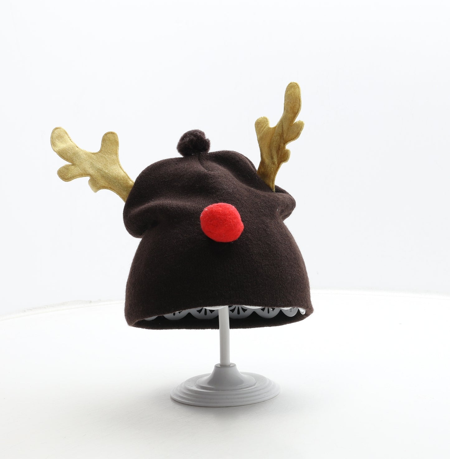 Preworn Boys Brown Polyester Beanie One Size - Christmas Rudolf Red nose Reindeer