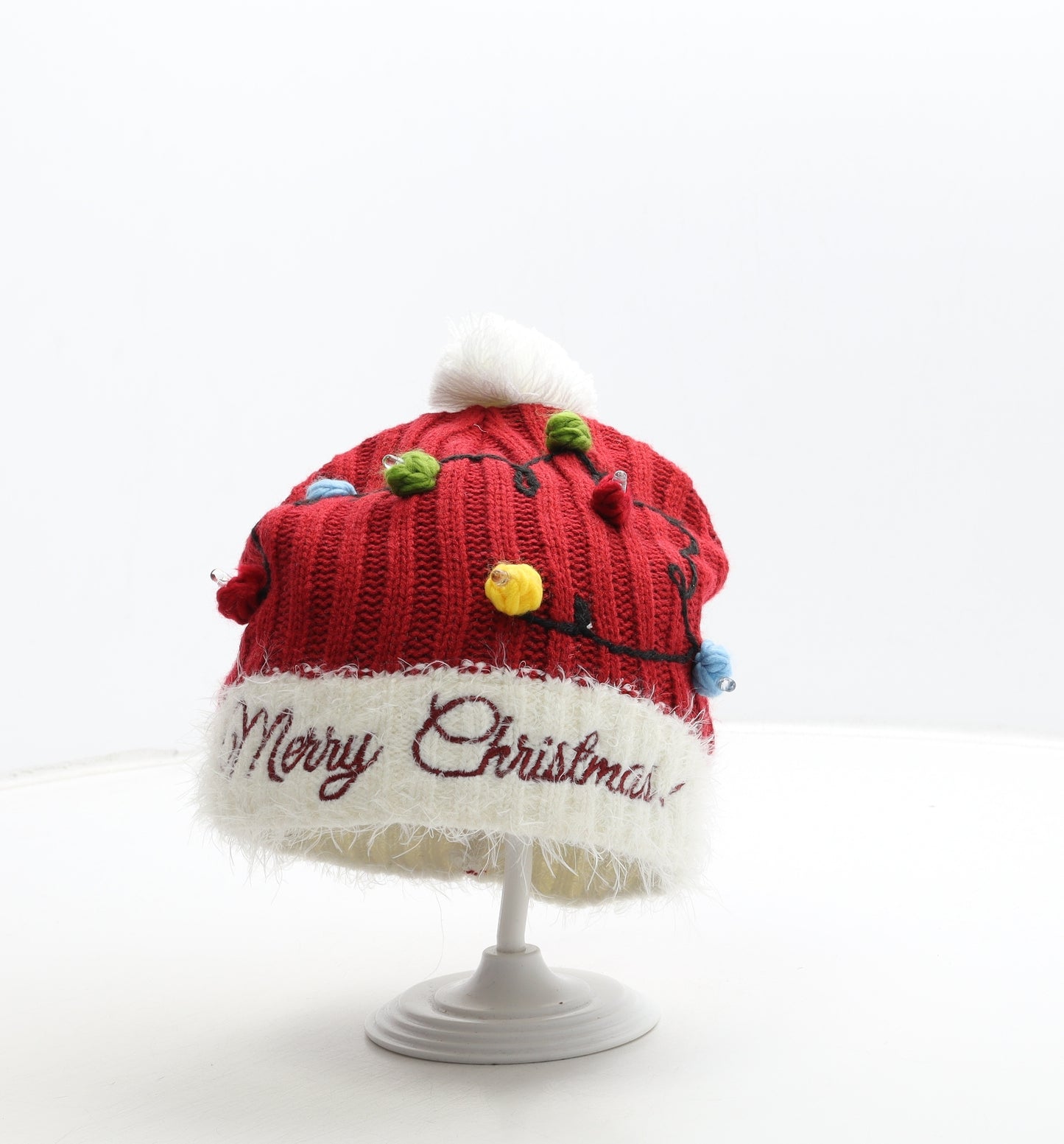 Great Christmas Womens Red Acrylic Bobble Hat One Size - Christmas Lights