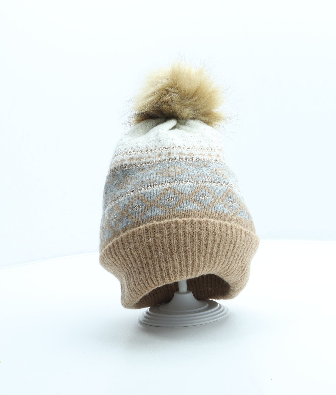 Preworn Womens Beige Fair Isle Acetate Bobble Hat One Size
