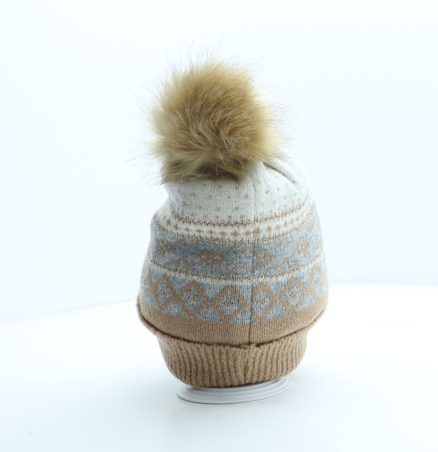 Preworn Womens Beige Fair Isle Acetate Bobble Hat One Size