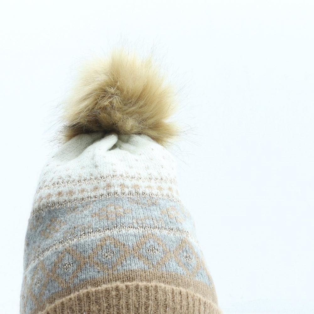 Preworn Womens Beige Fair Isle Acetate Bobble Hat One Size