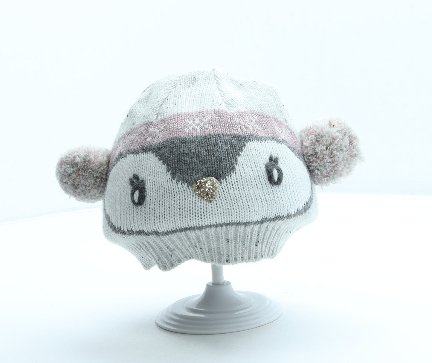 Monsoon Girls Grey Polyamide Beanie One Size - Penguin Design, Pom poms