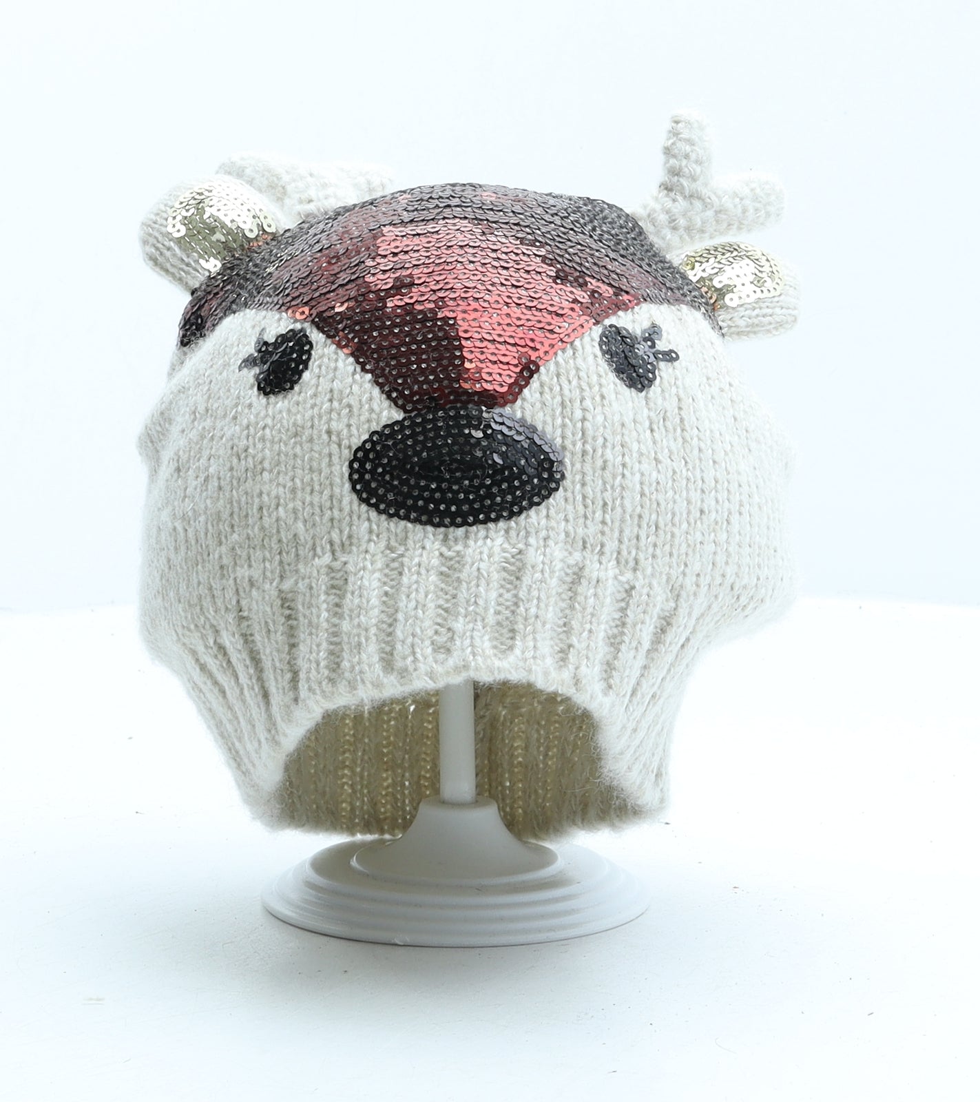 Preworn Girls Beige Acrylic Beanie One Size - Reindeer