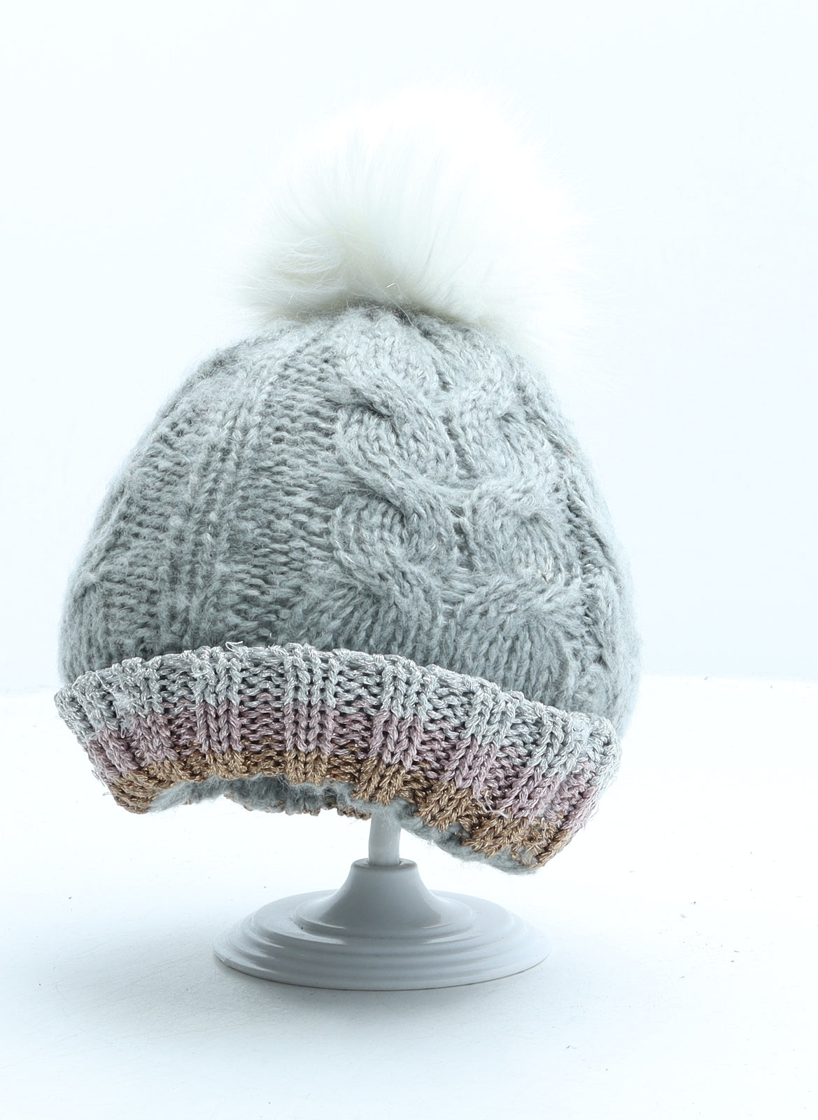 Primark Girls Grey Striped Acrylic Bobble Hat Size S