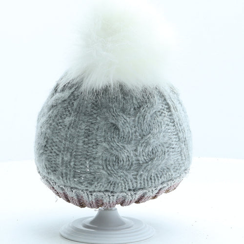 Primark Girls Grey Striped Acrylic Bobble Hat Size S