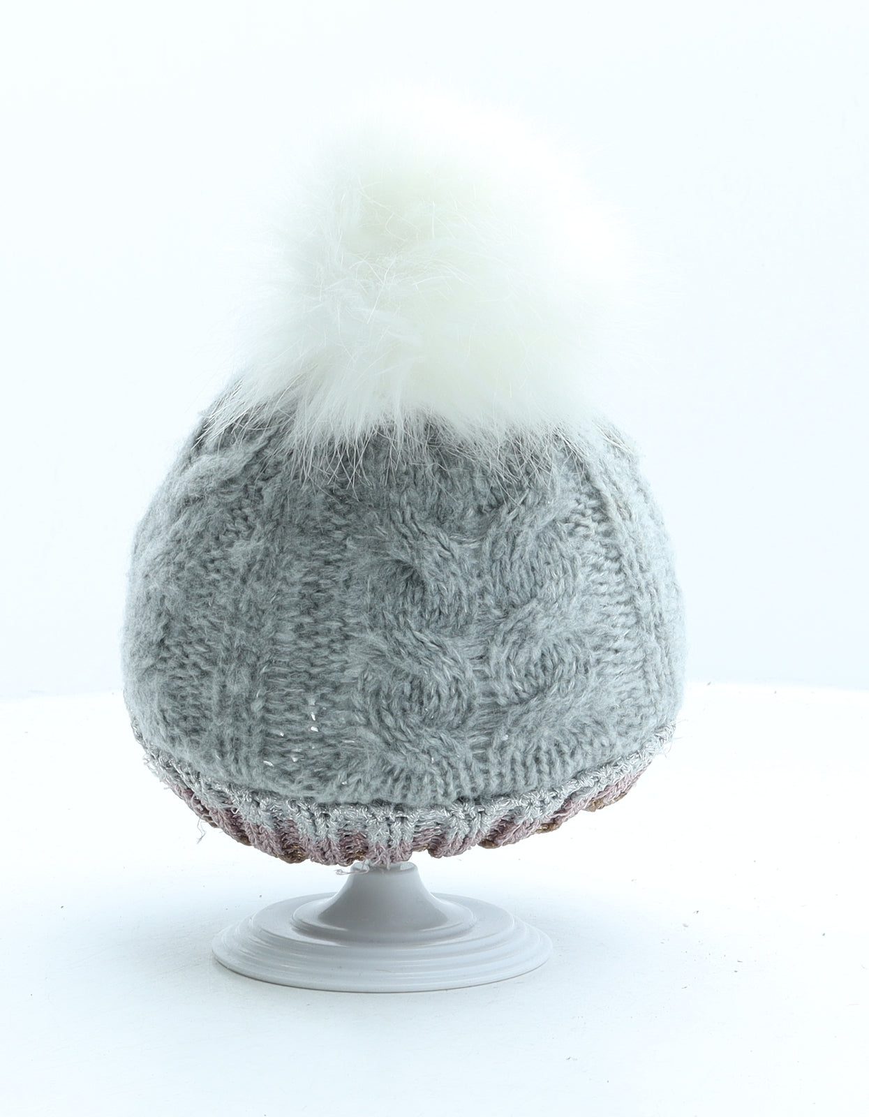 Primark Girls Grey Striped Acrylic Bobble Hat Size S