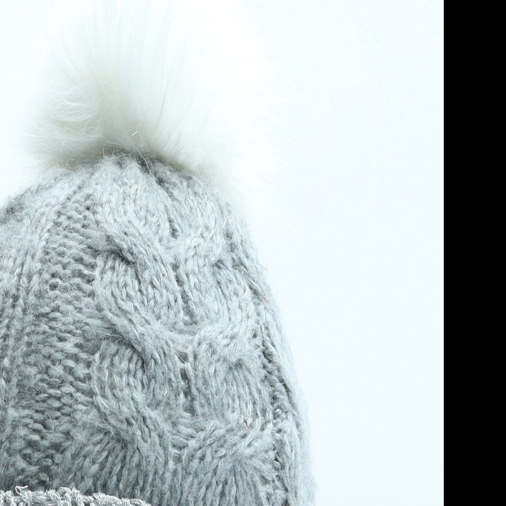 Primark Girls Grey Striped Acrylic Bobble Hat Size S