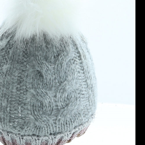 Primark Girls Grey Striped Acrylic Bobble Hat Size S