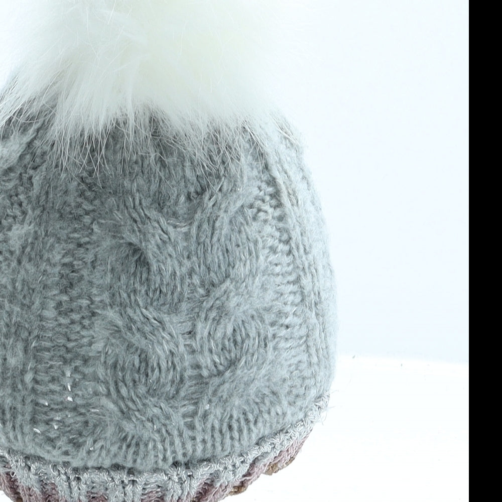 Primark Girls Grey Striped Acrylic Bobble Hat Size S