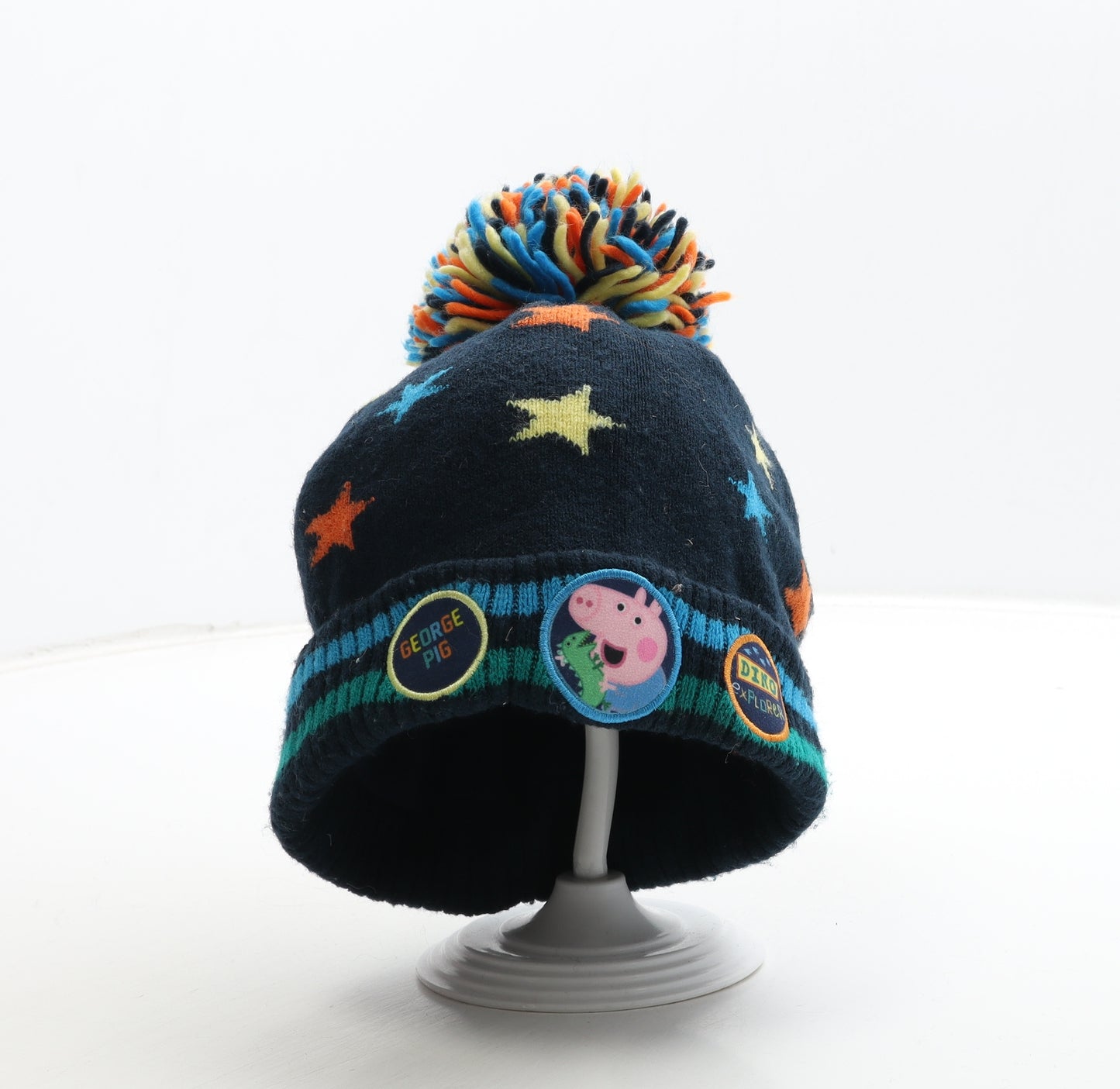 F&F Boys Blue Acrylic Bobble Hat Size S - Peppa Pig Star Detail