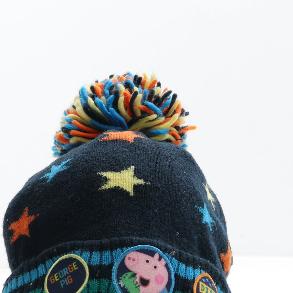 F&F Boys Blue Acrylic Bobble Hat Size S - Peppa Pig Star Detail