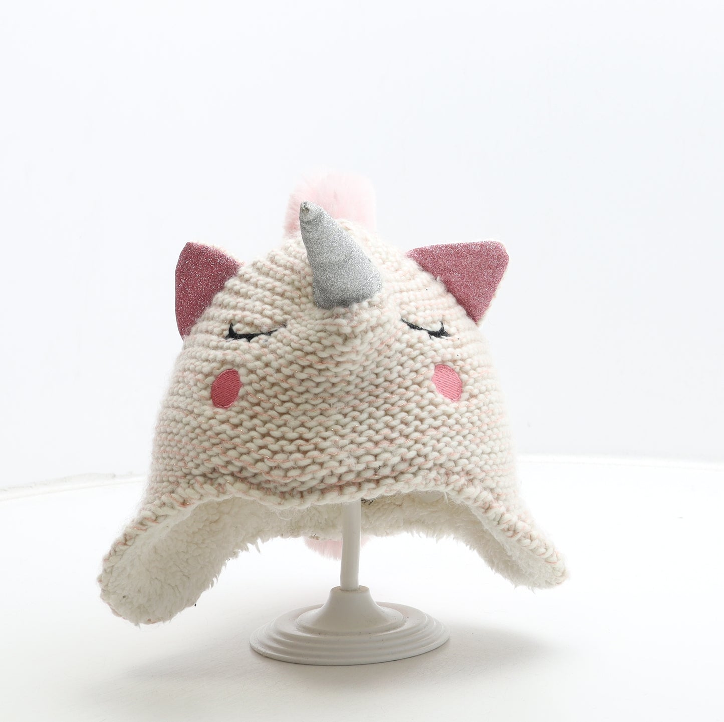 V By Very Girls Pink Acrylic Beanie One Size - Unicorn Detail