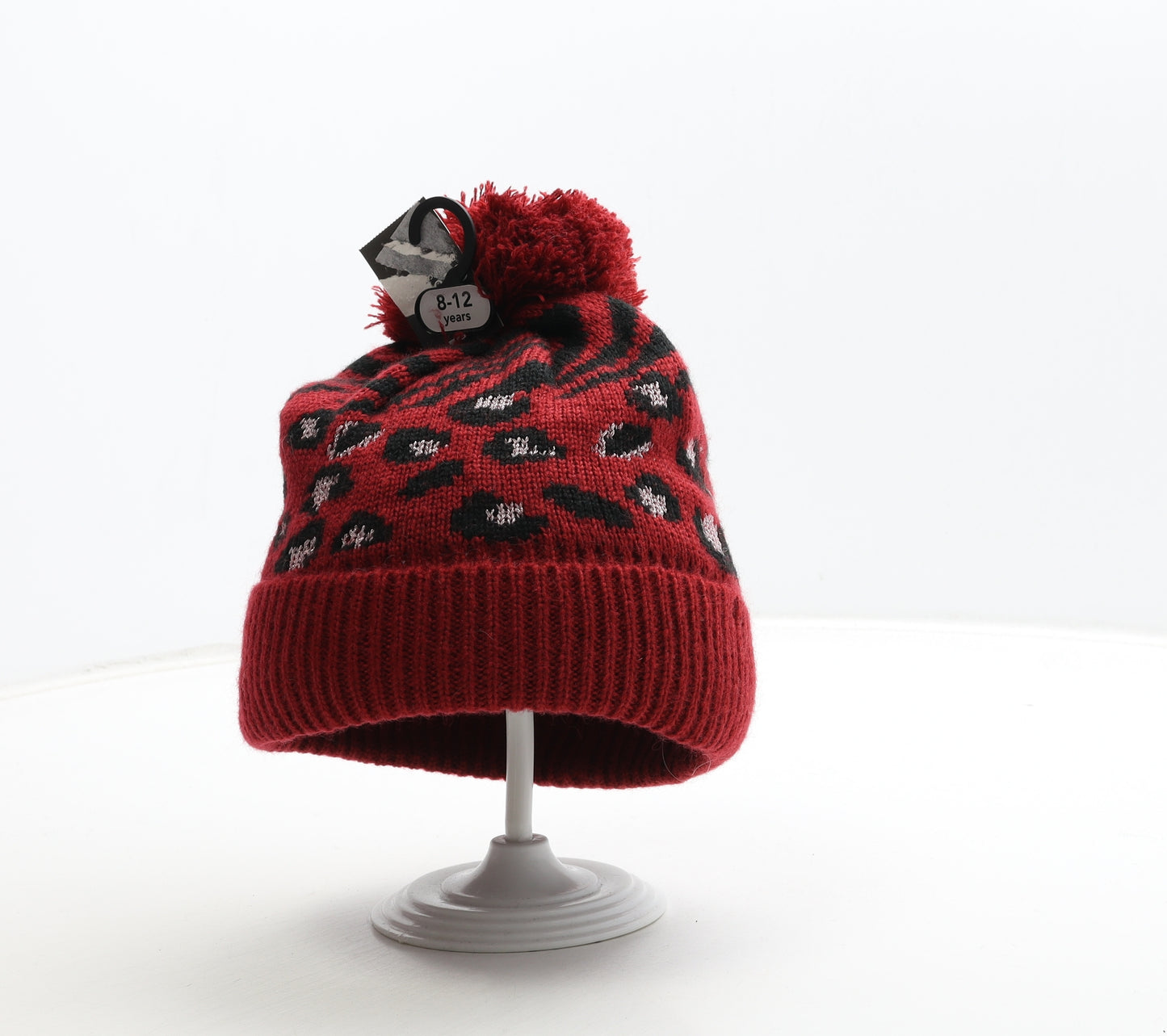 George Girls Red Animal Print Acrylic Bobble Hat One Size - Leopard Print