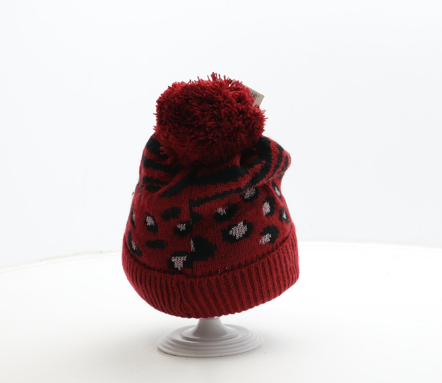 George Girls Red Animal Print Acrylic Bobble Hat One Size - Leopard Print